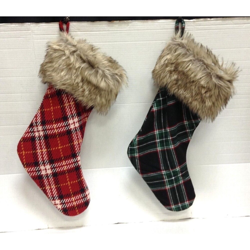 Pottery Barn Christmas Holiday noTtingham fur plaid stocking cabin lodge large
